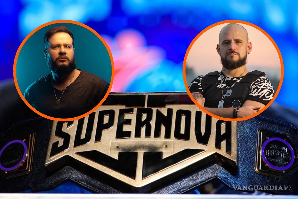 Fotomontaje con el logotipo de Supernova en primer plano y, en la parte superior, los retratos enfrentados de dos hombres dentro de círculos naranjas, representando el reto entre El Temach y Diego Ruzzarín.