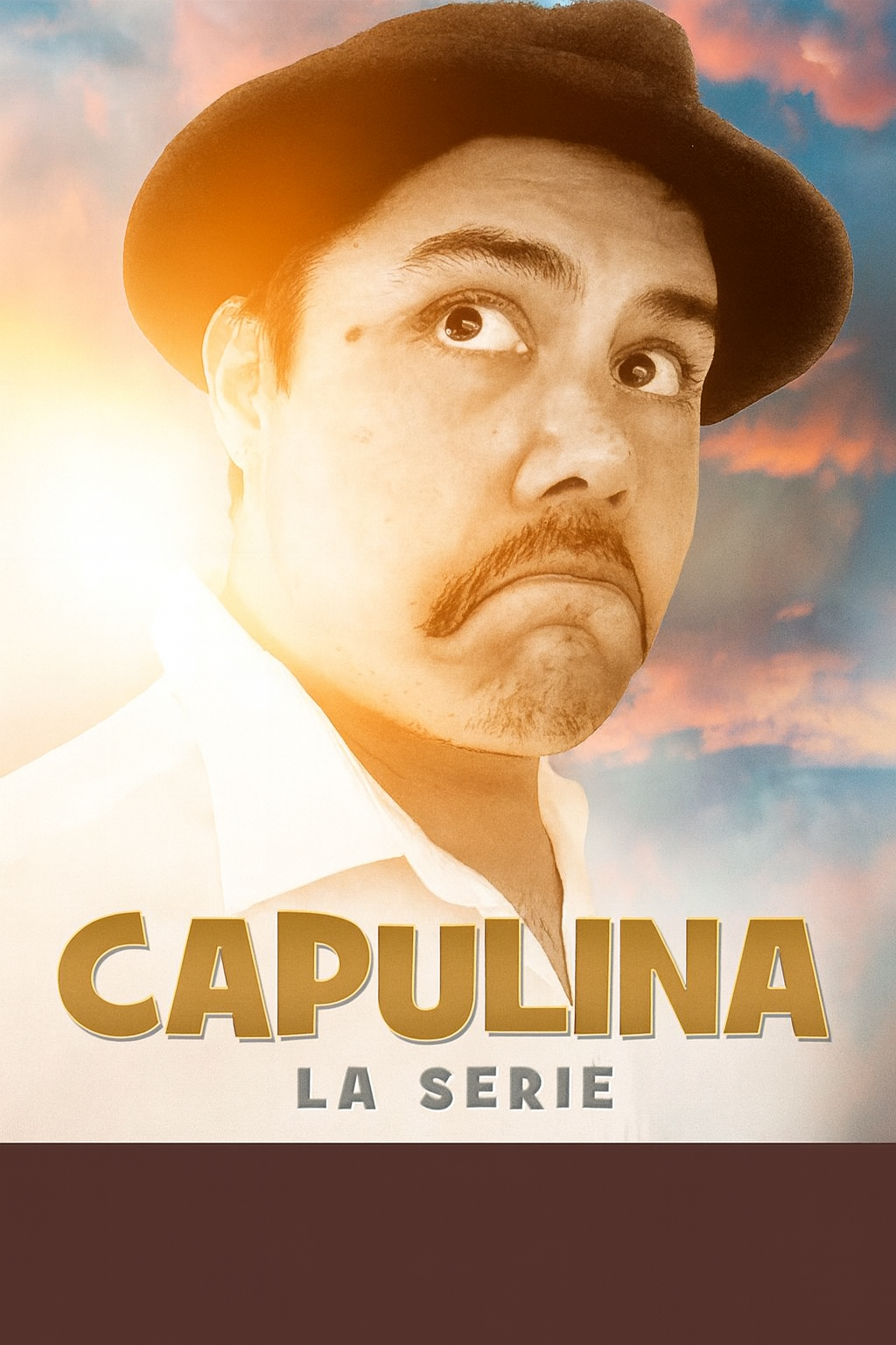 Cartel promocional de Capulina: La Serie, mostrando al actor caracterizado con sombrero y bigote, sobre un fondo cálido con tipografía dorada.