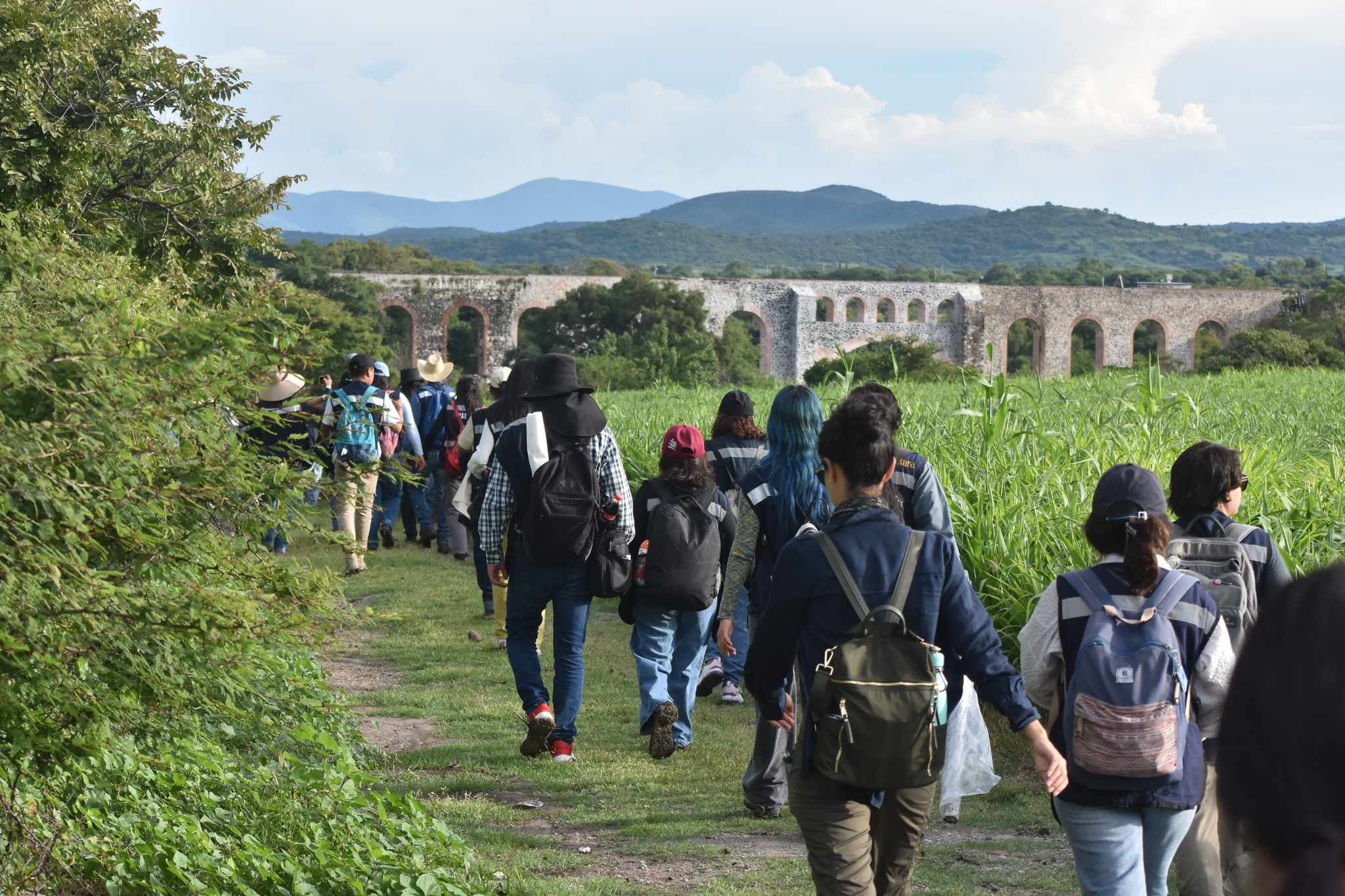 Un grupo de estudiantes y maestros caminan por un sendero rodeado de vegetación hacia un antiguo acueducto de piedra, en una zona rural. Todos portan mochilas y equipo de campo.
