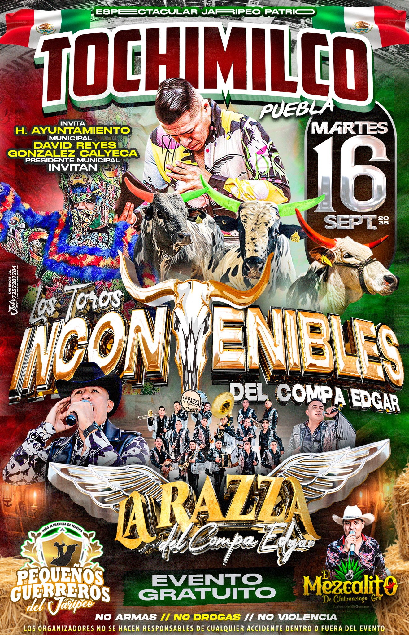 Cartel promocional de las Fiestas Patrias en Tochimilco, Puebla, que anuncia el jaripeo con “Los Toros Incontenibles del Compa Edgar” y la presentación musical de “La Razza del Compa Edgar”, programado para el 16 de septiembre de 2025.