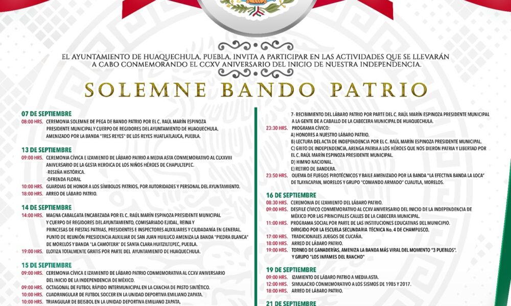 Cartel oficial del Ayuntamiento de Huaquechula que anuncia el Solemne Bando Patrio 2025, con el programa de actividades cívicas, culturales y deportivas del mes de septiembre para conmemorar el 215 aniversario de la Independencia de México.