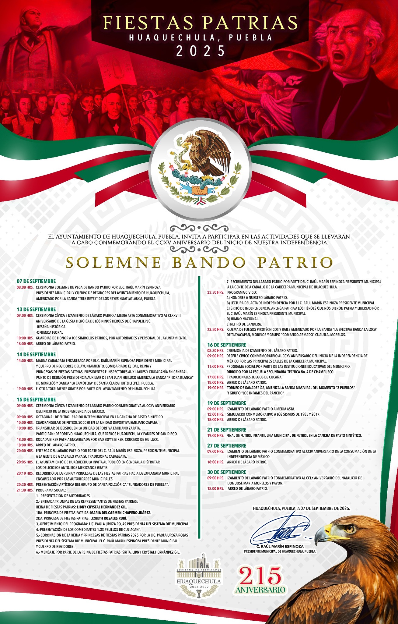 Cartel oficial del Ayuntamiento de Huaquechula que anuncia el Solemne Bando Patrio 2025, con el programa de actividades cívicas, culturales y deportivas del mes de septiembre para conmemorar el 215 aniversario de la Independencia de México.