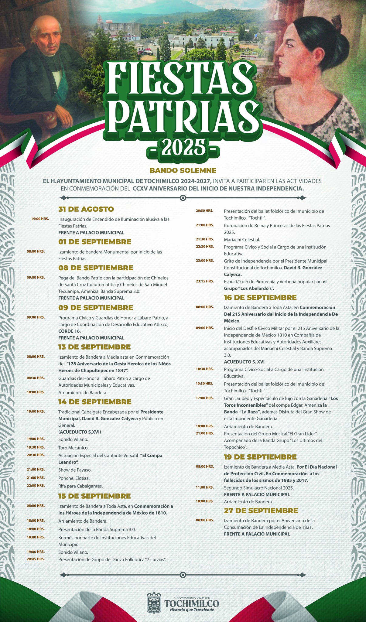 Cartel oficial del Ayuntamiento de Tochimilco 2024–2027 con el título “Fiestas Patrias 2025”. Incluye el Bando Solemne y el programa de actividades cívicas y culturales del 31 de agosto al 27 de septiembre en conmemoración del CCXV aniversario de la Independencia de México.