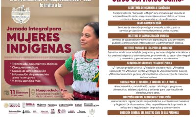 Cartel oficial del Ayuntamiento de Huaquechula 2024–2027 que invita a la Jornada Integral para Mujeres Indígenas, con fecha 11 de septiembre a las 9:00 horas en la explanada municipal. Incluye información sobre trámites, servicios de salud, alfabetización, prevención y asesoría de diversas dependencias estatales y federales.