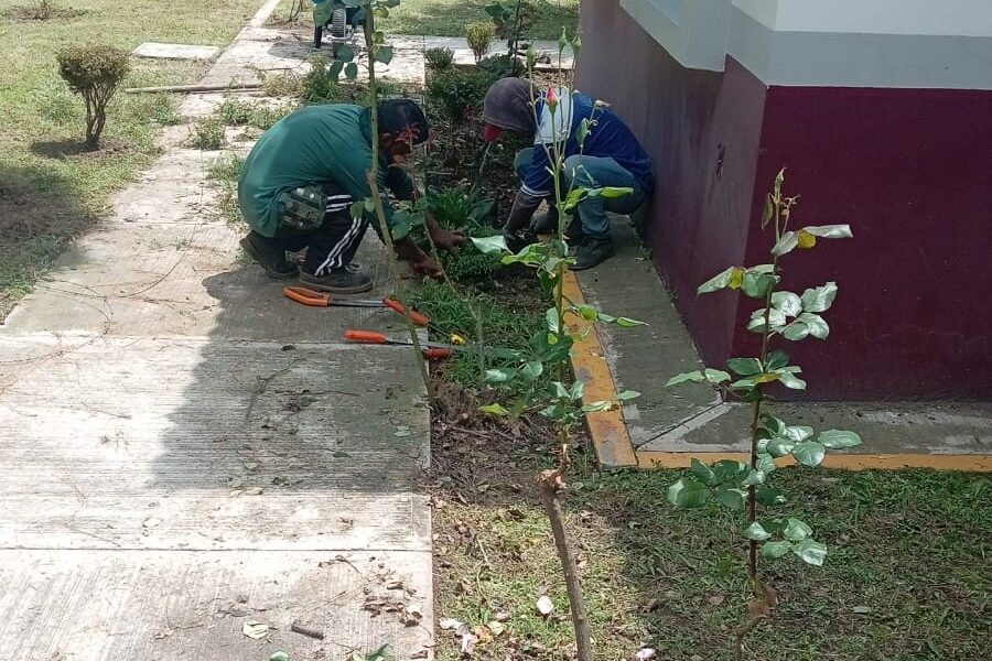 Trabajadores de servicios públicos realizan labores de jardinería y limpieza en los alrededores de la Unidad Básica de Rehabilitación de Tochimilco, mejorando áreas verdes para un entorno más seguro y saludable.