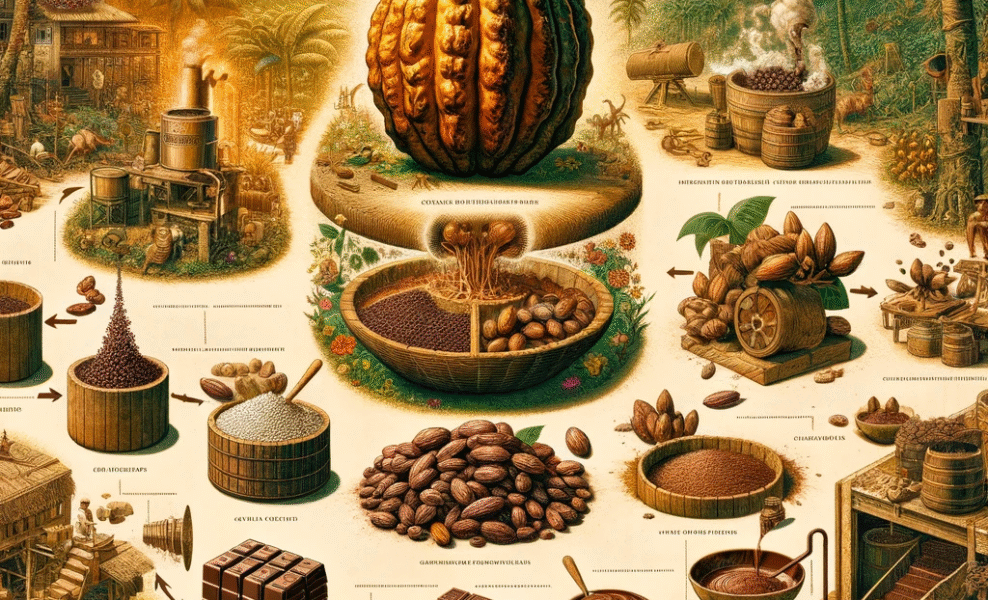 Ilustración artística e informativa del proceso de transformación del cacao en chocolate. Muestra desde la mazorca de cacao, el secado y tostado de los granos, hasta la molienda, la mezcla de ingredientes y la elaboración de tabletas de chocolate.