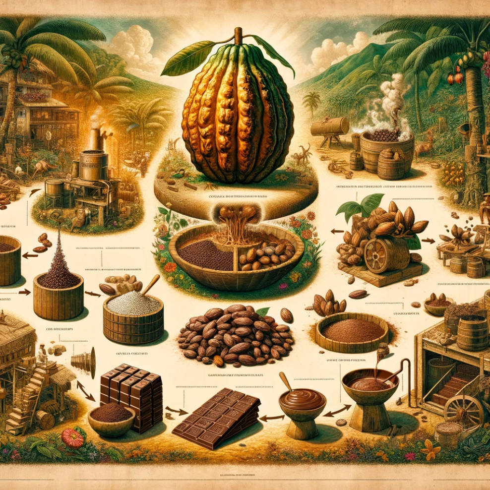 Ilustración artística e informativa del proceso de transformación del cacao en chocolate. Muestra desde la mazorca de cacao, el secado y tostado de los granos, hasta la molienda, la mezcla de ingredientes y la elaboración de tabletas de chocolate.