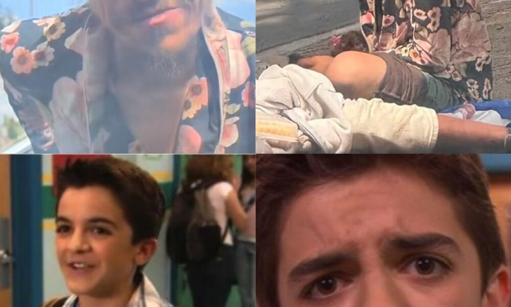 Montaje de cuatro imágenes que muestran al actor en dos etapas distintas: de joven en una serie juvenil y en la actualidad, en situación de calle, usando ropa desgastada y sentado en la vía pública.