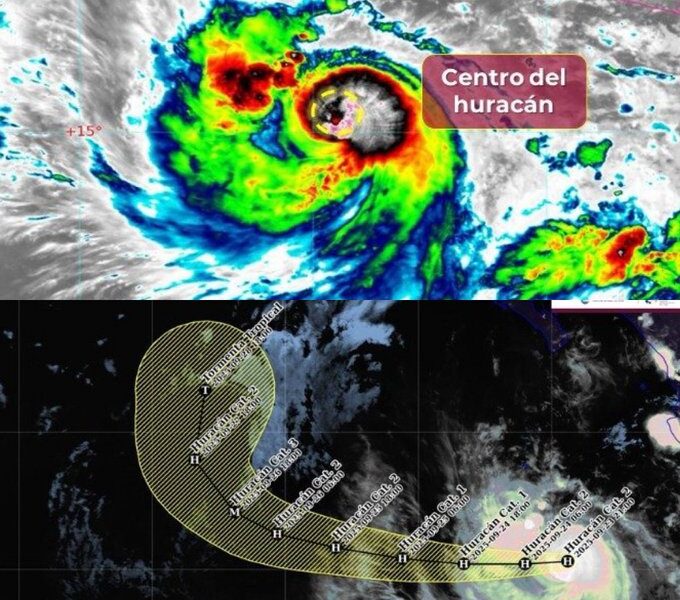 Imagen satelital del huracán Narda en el océano Pacífico, mostrando su centro con nubosidad densa y el pronóstico de trayectoria que abarca costas de Jalisco, Colima y Michoacán.