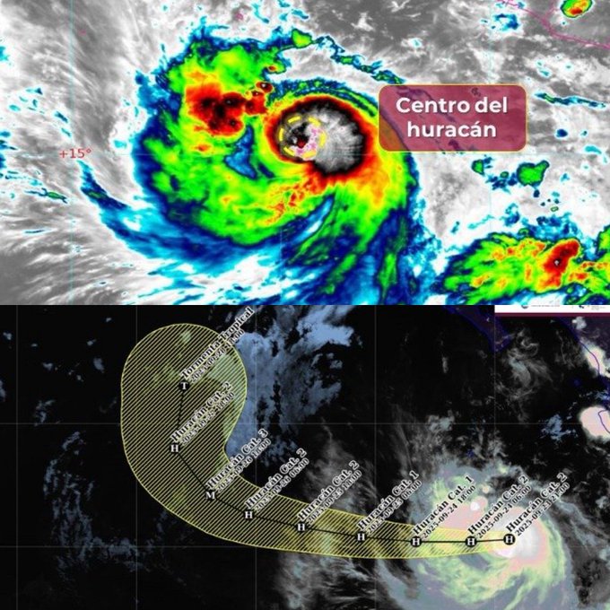 Imagen satelital del huracán Narda en el océano Pacífico, mostrando su centro con nubosidad densa y el pronóstico de trayectoria que abarca costas de Jalisco, Colima y Michoacán.