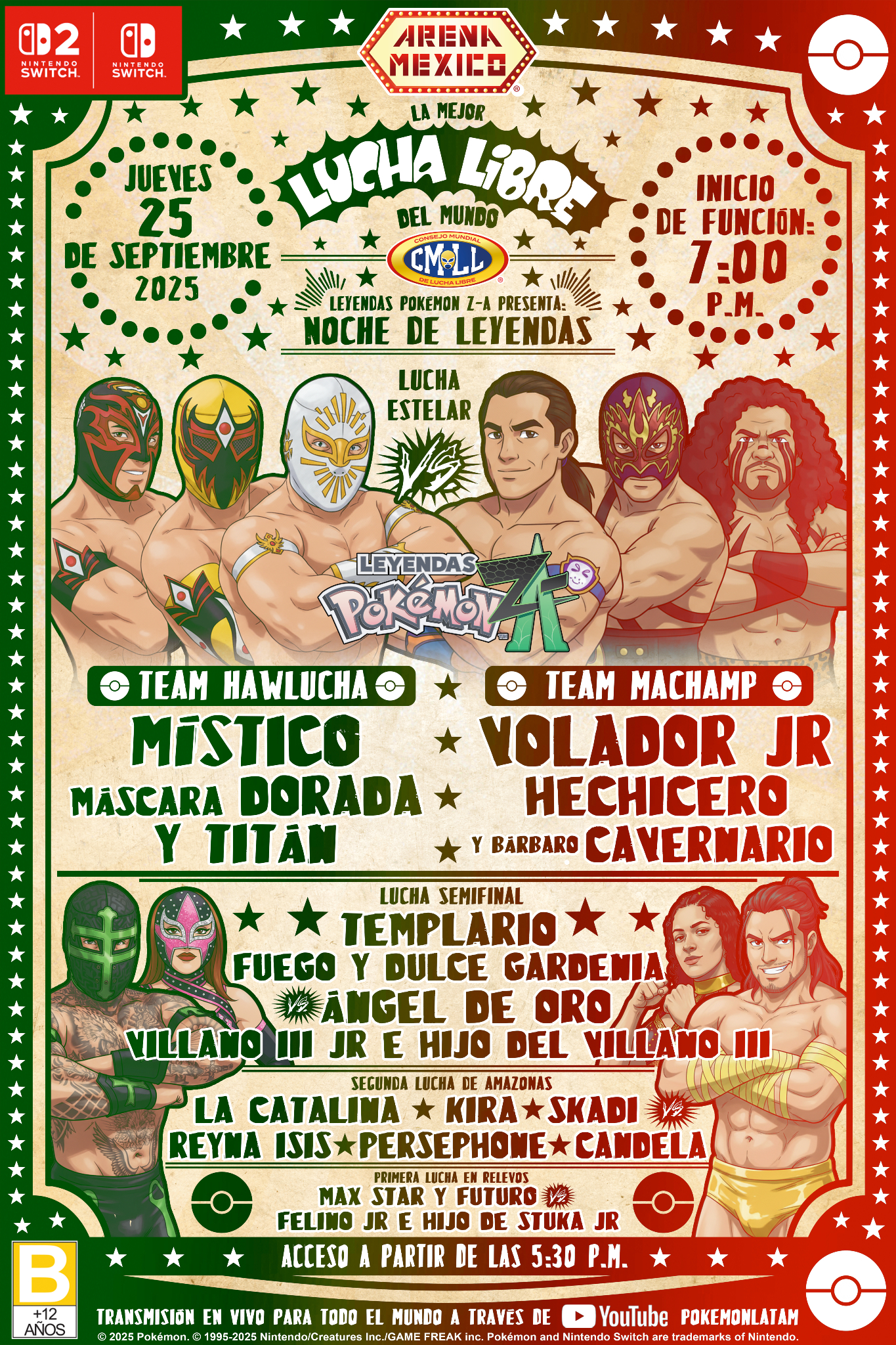 Cartel oficial del evento “Noche de Leyendas” en la Arena México, colaboración entre Pokémon y el Consejo Mundial de Lucha Libre. Presenta a los equipos Team Hawlucha (Místico, Máscara Dorada y Titán) y Team Machamp (Volador Jr, Hechicero y Bárbaro Cavernario), junto con luchas semifinales y de amazonas.