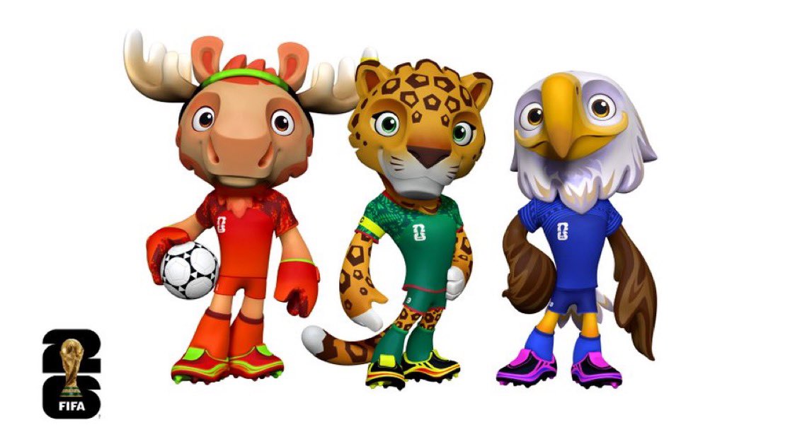 Imagen oficial de las mascotas del Mundial 2026: un alce con uniforme rojo y balón de fútbol, un jaguar con uniforme verde y un águila con uniforme azul, representando a Canadá, México y Estados Unidos.