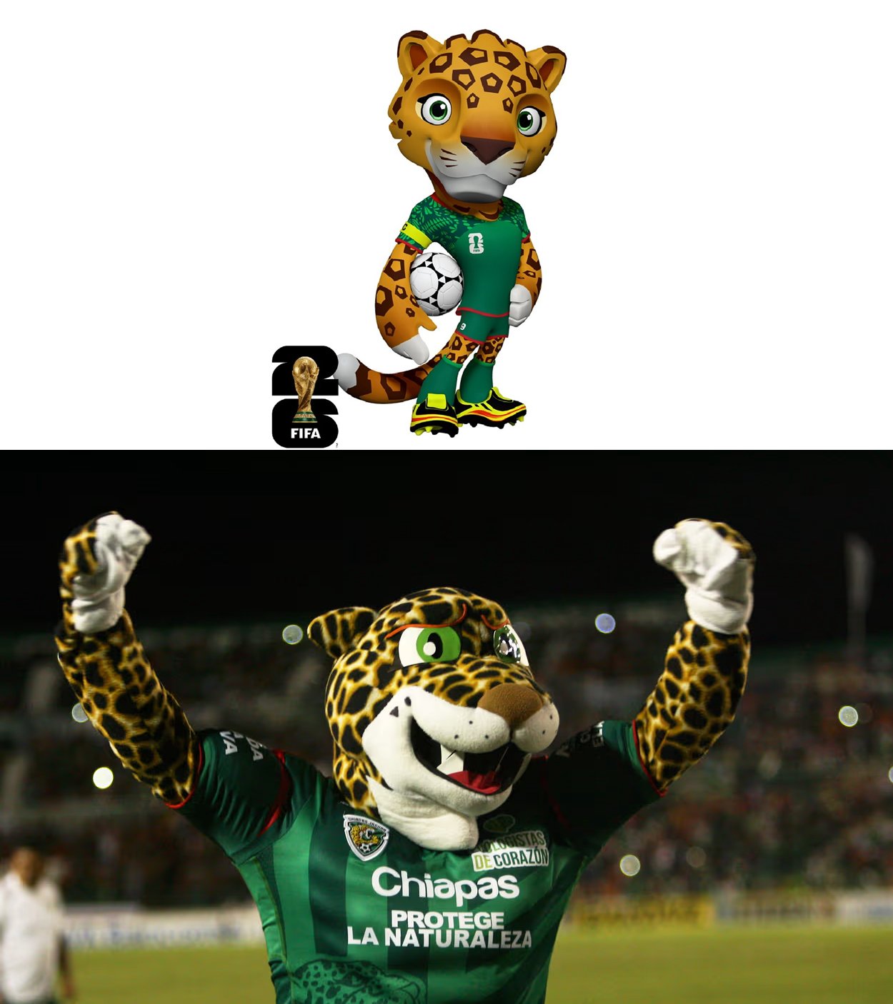 Comparativa entre la mascota Zayu del Mundial 2026 y la tradicional mascota de Jaguares de Chiapas, resaltando similitudes visuales que generan debate.