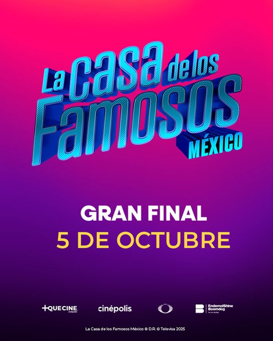Cartel oficial de la Gran Final de La Casa de los Famosos México, con fecha programada para el 5 de octubre en Cinépolis, con logotipos institucionales y fondo en tonos morado y rosa.