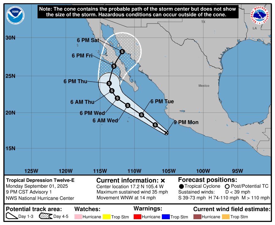 Mapa emitido por el Centro Nacional de Huracanes que muestra la trayectoria pronosticada de la Depresión Tropical “Doce-E” en el océano Pacífico. El cono de incertidumbre se extiende desde el sur de Colima y Jalisco hasta la península de Baja California Sur, con estimaciones de intensificación y posibles lluvias en estados costeros.