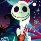 Ilustración de Jack Skellington dividido en dos mitades: una con estética de Halloween y otra con atuendo de Santa Claus, representando la unión de octubre y diciembre.