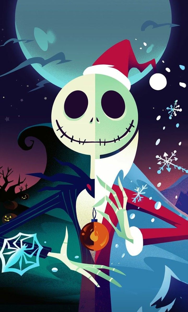 Ilustración de Jack Skellington dividido en dos mitades: una con estética de Halloween y otra con atuendo de Santa Claus, representando la unión de octubre y diciembre.