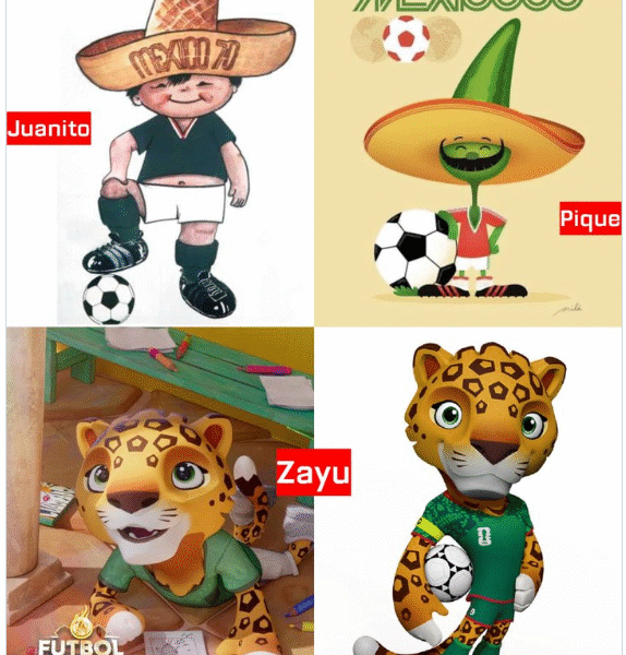 Collage de mascotas mundialistas de México: Juanito (1970) con sombrero y balón, Pique (1986) representado como un chile jalapeño con sombrero, y Zayu (2026), un jaguar vestido con uniforme verde, símbolo del próximo Mundial.