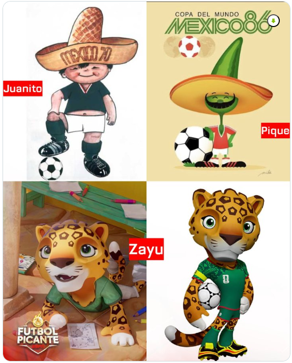 Collage de mascotas mundialistas de México: Juanito (1970) con sombrero y balón, Pique (1986) representado como un chile jalapeño con sombrero, y Zayu (2026), un jaguar vestido con uniforme verde, símbolo del próximo Mundial.