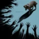 Un perro observa sombras amenazantes con manos extendidas hacia él; arte promocional de la película Good Boy con la frase “Trust his instincts”.
