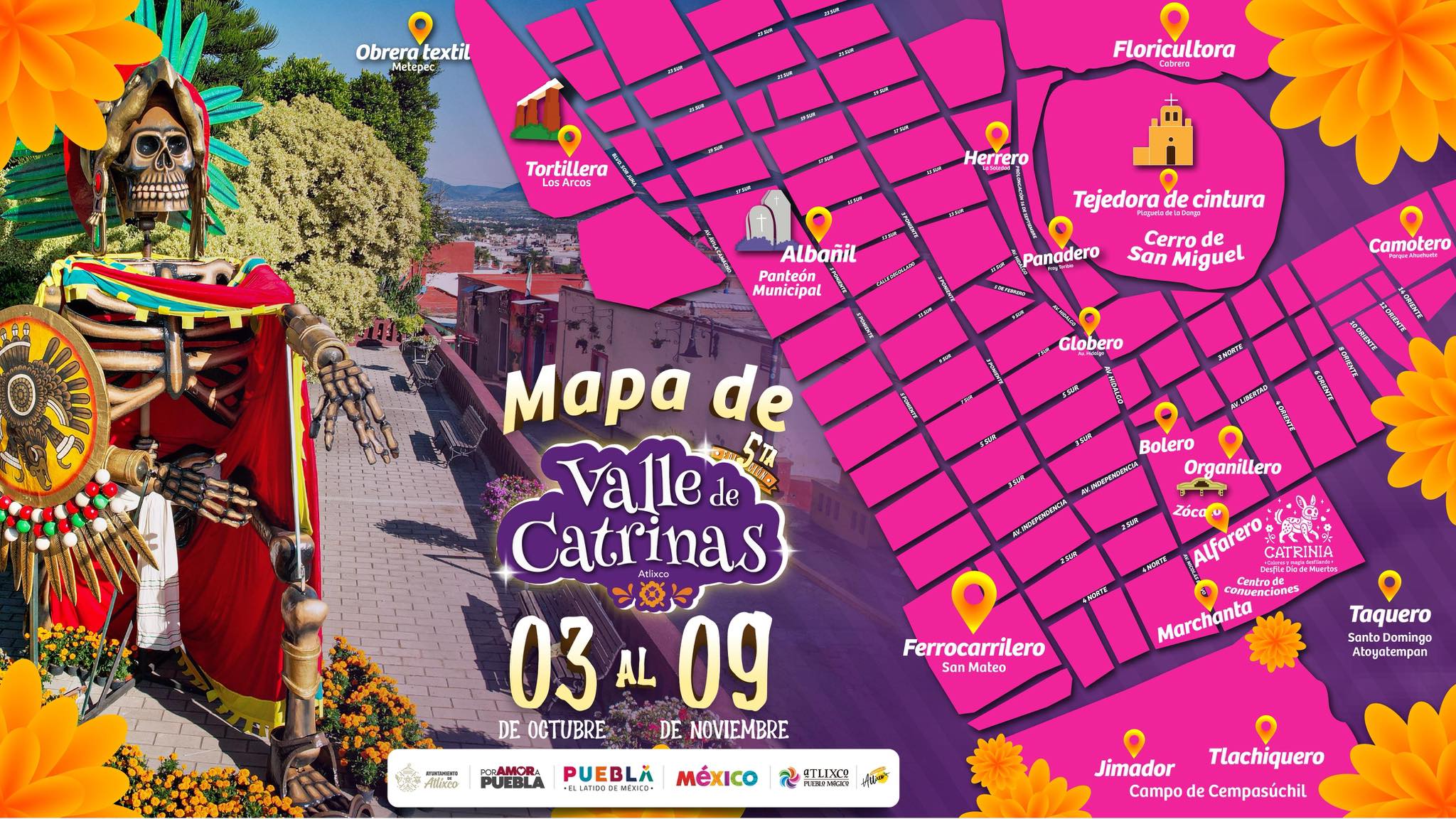 Mapa oficial del Festival Internacional Valle de Catrinas 2025 en Atlixco, con recorrido turístico de catrinas monumentales y puntos culturales del 3 de octubre al 9 de noviembre.