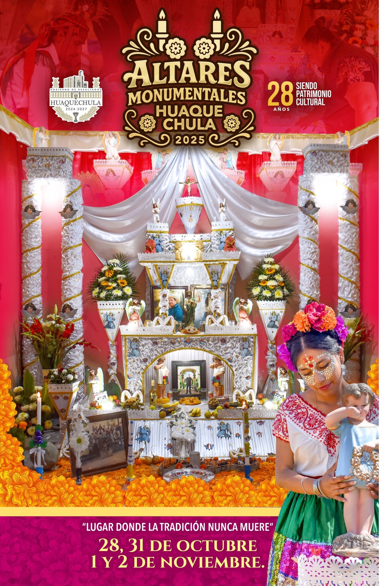 Altar monumental de Huaquechula 2025, Patrimonio Cultural con 28 años de tradición en la celebración del Día de Muertos.