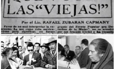 Collage en blanco y negro con mujeres mexicanas votando por primera vez y un titular de periódico que dice “¡Que voten las viejas!”, símbolo de la lucha por el voto femenino.