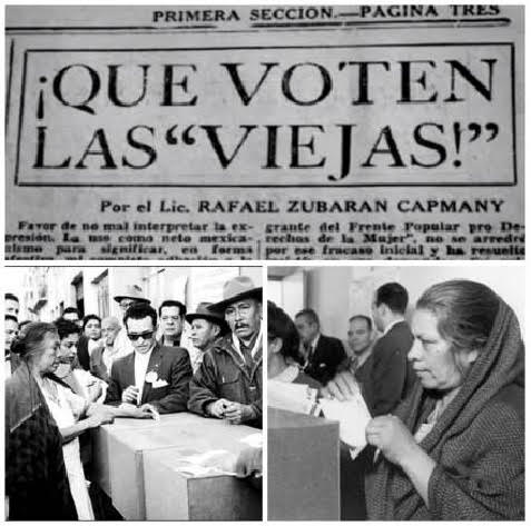 Collage en blanco y negro con mujeres mexicanas votando por primera vez y un titular de periódico que dice “¡Que voten las viejas!”, símbolo de la lucha por el voto femenino.
