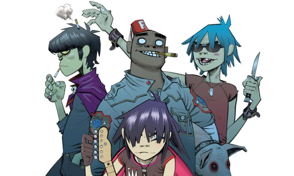 Ilustración de los personajes animados de la banda Gorillaz posando con sus instrumentos y atuendos característicos.