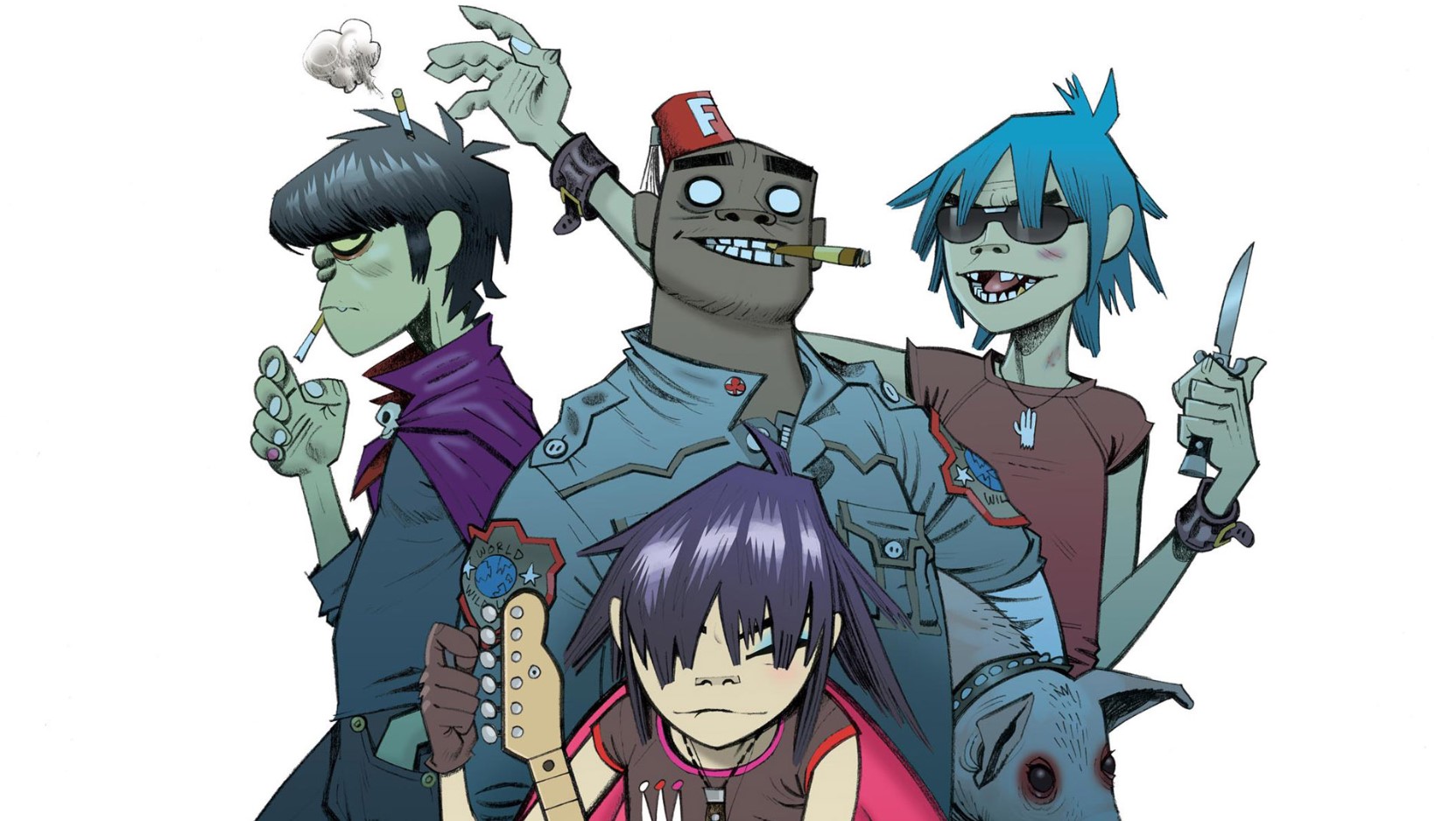 Ilustración de los personajes animados de la banda Gorillaz posando con sus instrumentos y atuendos característicos.