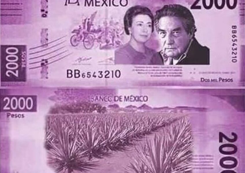 Diseño del billete mexicano de $2,000 pesos con los retratos de Rosario Castellanos y Octavio Paz, emitido por el Banco de México.