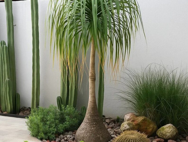 Planta Pata de Elefante (Beaucarnea recurvata) en jardín con cactus y suculentas, especie mexicana en peligro de extinción.