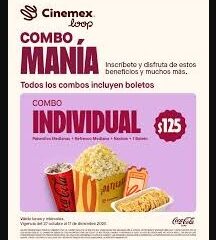 Combo de cine con palomitas y refresco, representando la nueva opción individual de Cinemex.