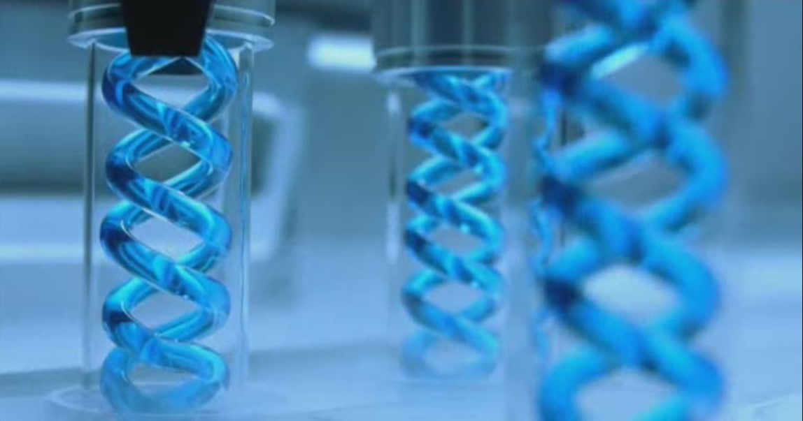 Imagen conceptual de ADN en tubos de ensayo, representando investigación biomédica y análisis genético.