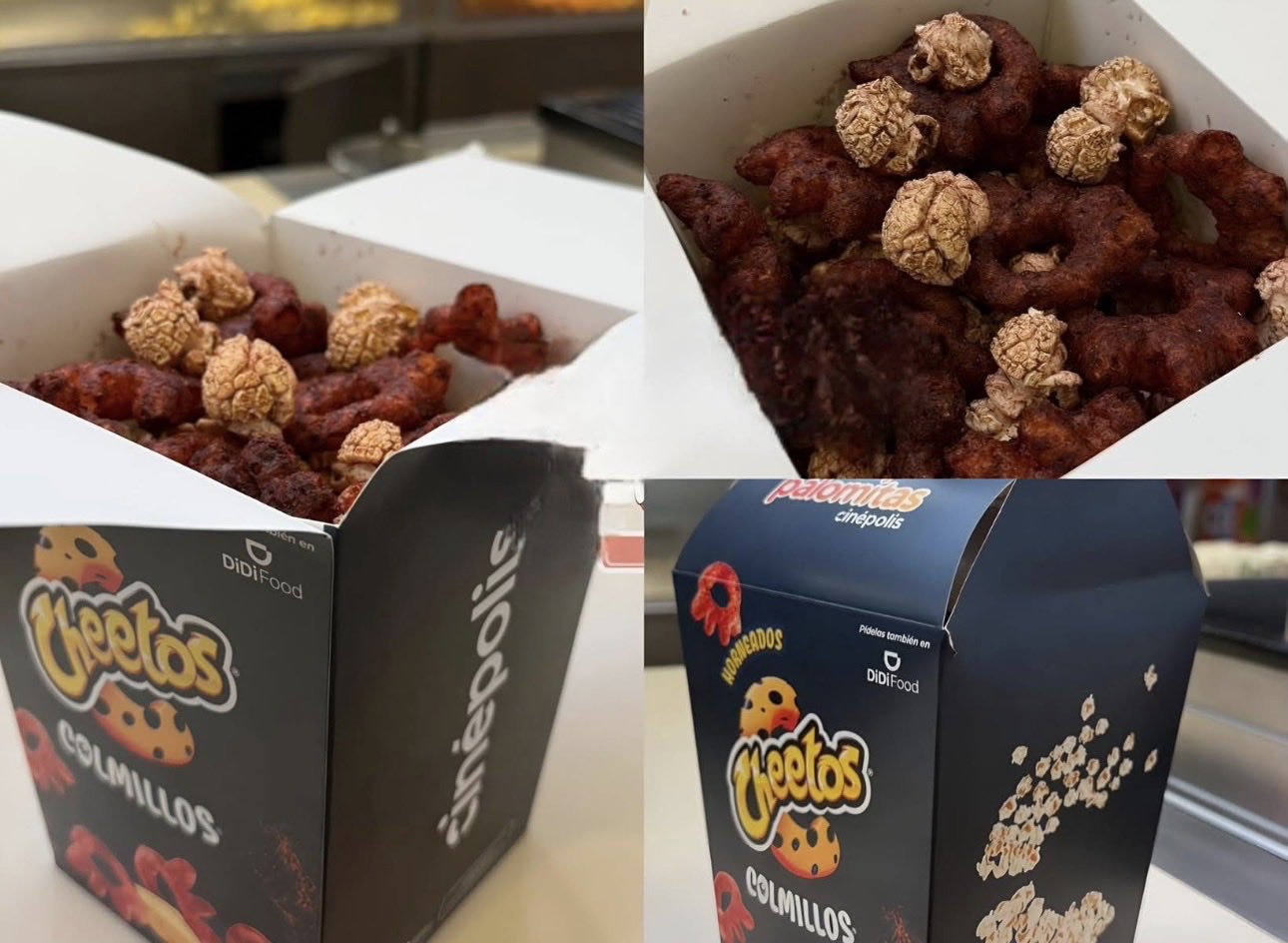 Palomitas Cheetos Colmillo de Cinépolis en edición especial, presentadas en caja negra con diseño temático de Halloween, combinando palomitas y botanas horneadas con sabor intenso.