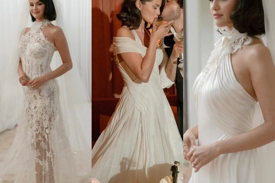 Tres vestidos de novia diseñados por una casa de alta costura, lucidos durante una boda exclusiva, destacan la relevancia de la moda nupcial y el lujo cultural.