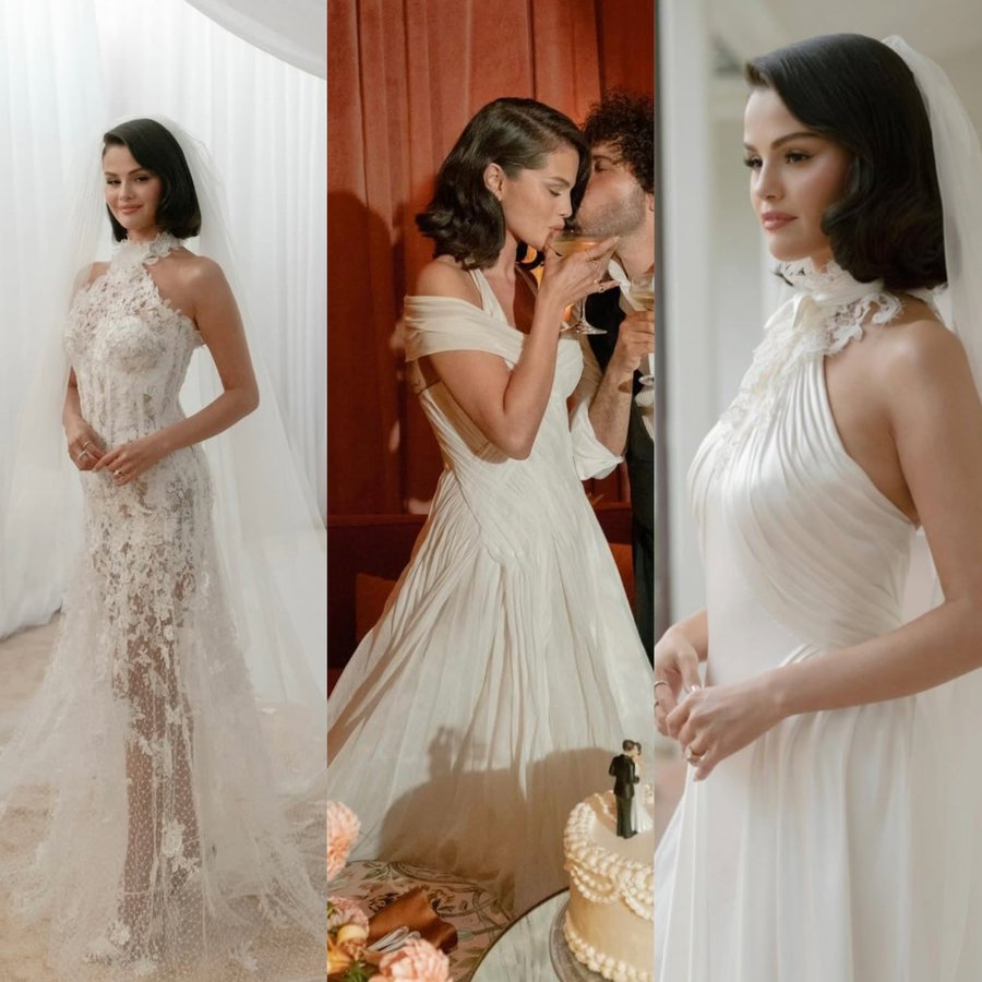 Tres vestidos de novia diseñados por una casa de alta costura, lucidos durante una boda exclusiva, destacan la relevancia de la moda nupcial y el lujo cultural.