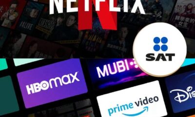 Collage de logotipos de plataformas digitales como Netflix, HBO Max, Prime Video y Disney+, junto al emblema del SAT, simbolizando la nueva medida de acceso fiscal a datos de usuarios.