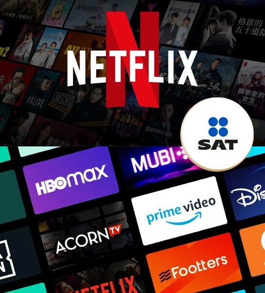Collage de logotipos de plataformas digitales como Netflix, HBO Max, Prime Video y Disney+, junto al emblema del SAT, simbolizando la nueva medida de acceso fiscal a datos de usuarios.
