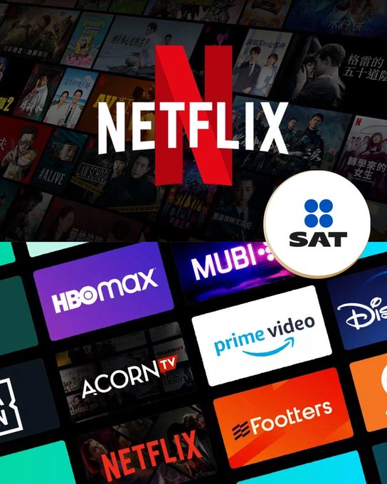 Collage de logotipos de plataformas digitales como Netflix, HBO Max, Prime Video y Disney+, junto al emblema del SAT, simbolizando la nueva medida de acceso fiscal a datos de usuarios.