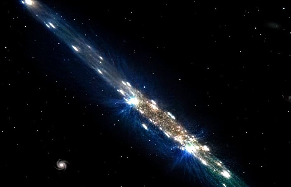 Imagen digital del cometa 3I/Atlas desplazándose a gran velocidad en el espacio, con una brillante estela azul y fondo estrellado.