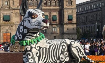 Escultura monumental de un xoloitzcuintle decorado con motivos prehispánicos en la Megaofrenda del Día de Muertos 2025 en el Zócalo de la CDMX.