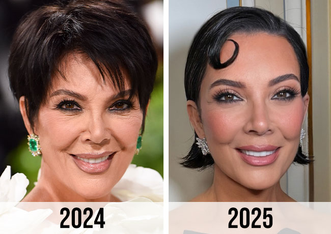 Comparativa del rostro de Kris Jenner entre 2024 y 2025, mostrando su transformación estética tras un evidente rejuvenecimiento facial y cambios de estilo.
