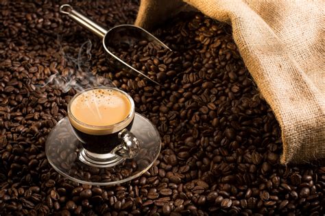 Taza de café expreso sobre granos recién tostados junto a costal de yute, símbolo de tradición cafetalera y cultura mundial.