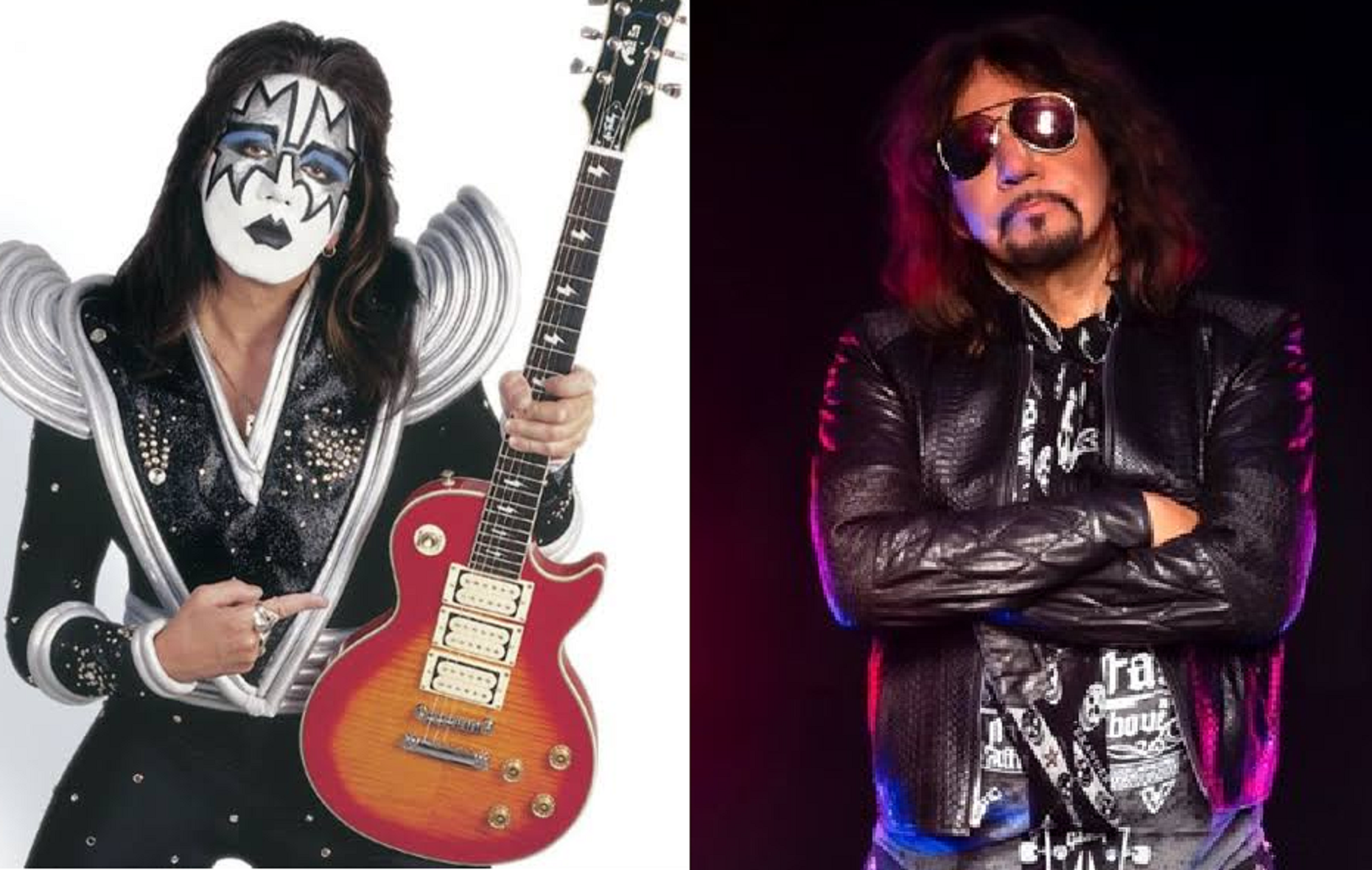 Fotografía comparativa de Ace Frehley, guitarrista de KISS, mostrando su icónico maquillaje de “Spaceman” y una imagen reciente sin caracterización.