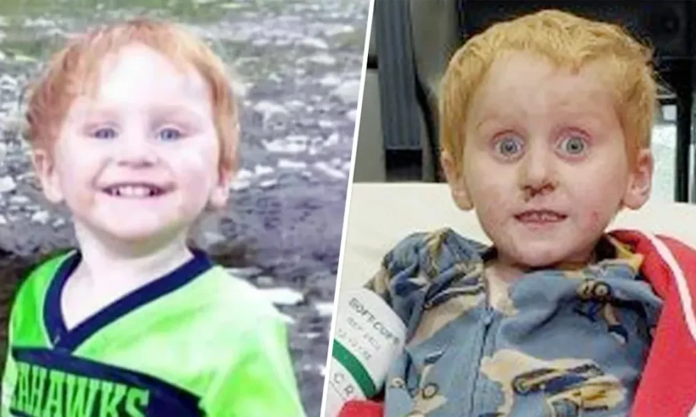 Niño rescatado en Montana después de desaparecer en un bosque durante 48 horas, con expresión de miedo y suciedad en el rostro.