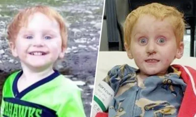 Niño rescatado en Montana después de desaparecer en un bosque durante 48 horas, con expresión de miedo y suciedad en el rostro.