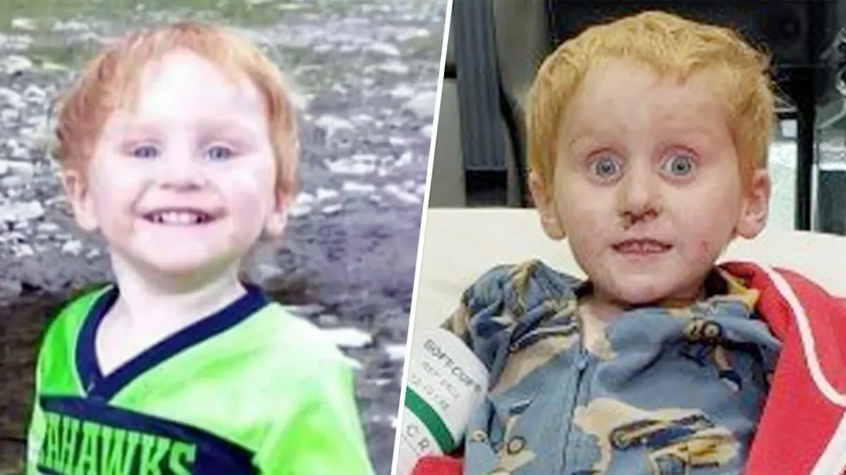 Niño rescatado en Montana después de desaparecer en un bosque durante 48 horas, con expresión de miedo y suciedad en el rostro.
