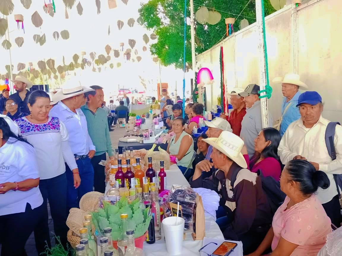 Productores y autoridades recorren los stands de la Feria del Mezcal y el Agave en Tochimiltzingo.
