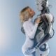 Mujer abrazando a un androide de aspecto humano en un fondo neutro, simbolizando la relación entre humanos e inteligencia artificial.